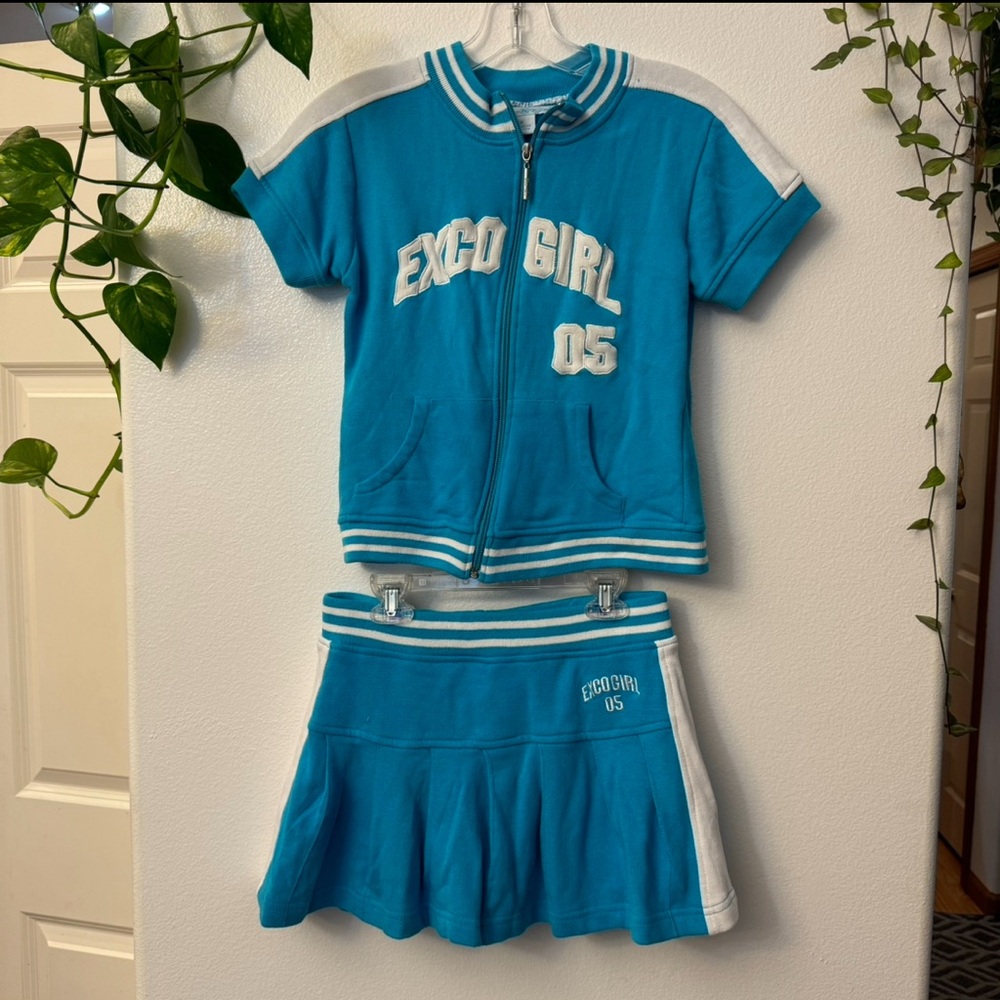 Vintage Exco Girl Blue Kids Shirt & Skirt Set 100%cotton Young size M